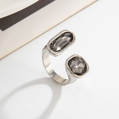 Gray Crystal and Silvertone Rectangle Square Open Ring, botanical inspired, detail close-up