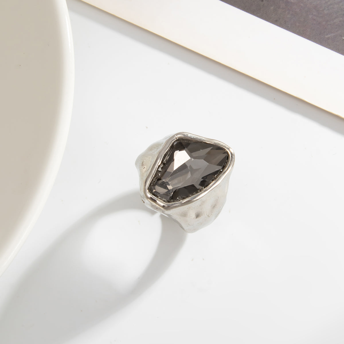 Gray Crystal and Silvertone Irregular Shape Open Ring, everyday style, detail close-up