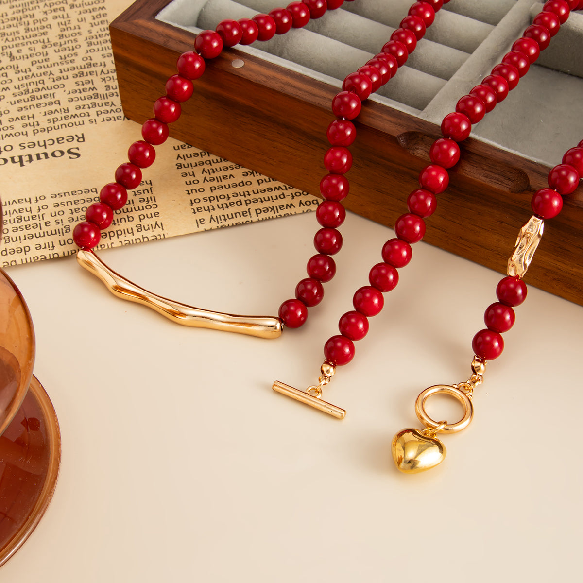 Red Resin & Goldtone Beads Chain Bar Heart Pendant Necklace Set