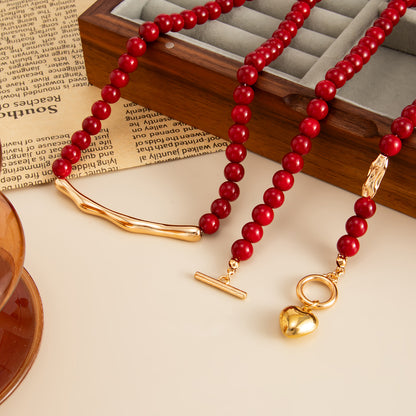 Red Resin & Goldtone Beads Chain Bar Heart Pendant Necklace Set