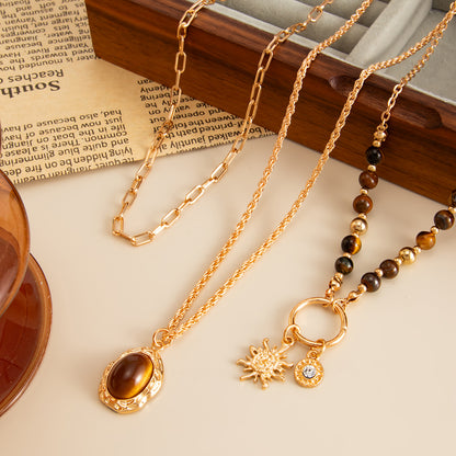 Tiger's Eye & Cubic Zirconia Goldtone Sun Oval Pendant Necklace Set