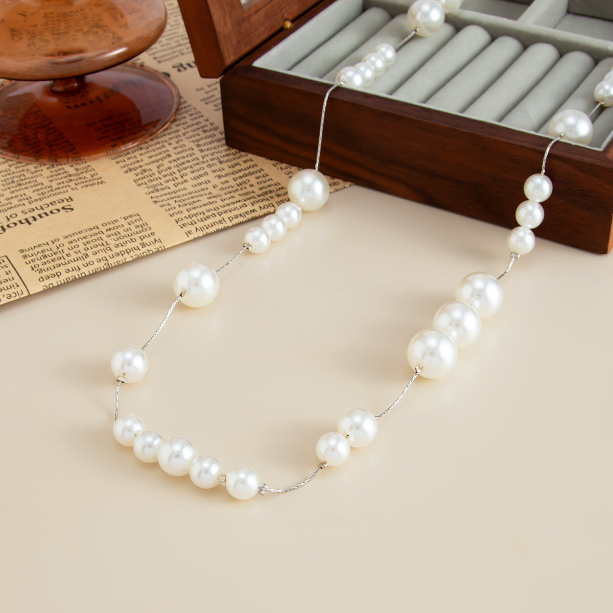 Pearl and Silvertone Beaded Chain Long Necklace, elegant gift for her, side view