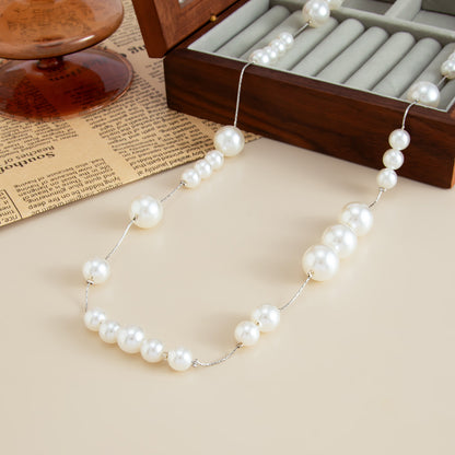 Pearl and Silvertone Beaded Chain Long Necklace, elegant gift for her, side view