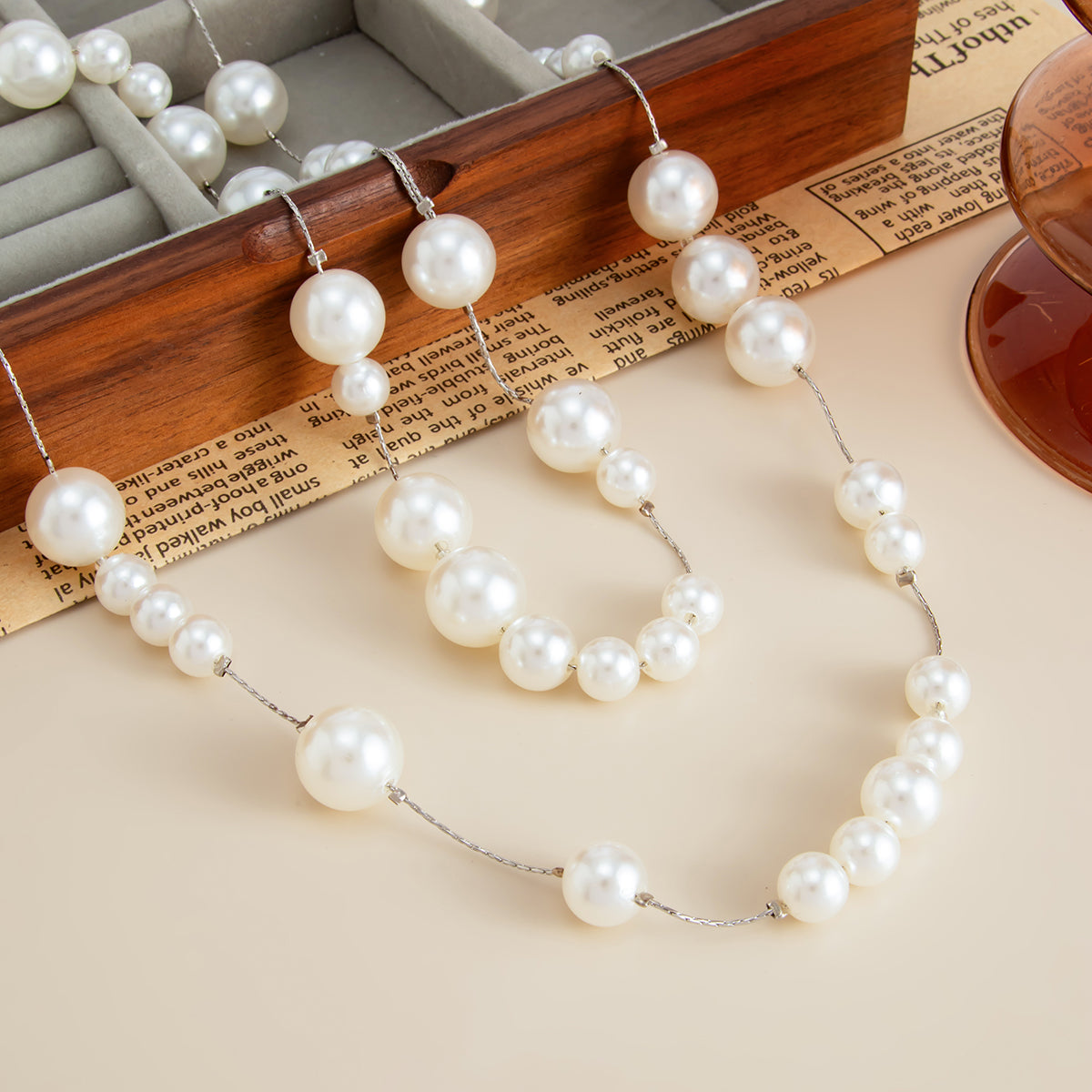 Pearl and Silvertone Beaded Chain Long Necklace, elegant gift for her, detail close-up