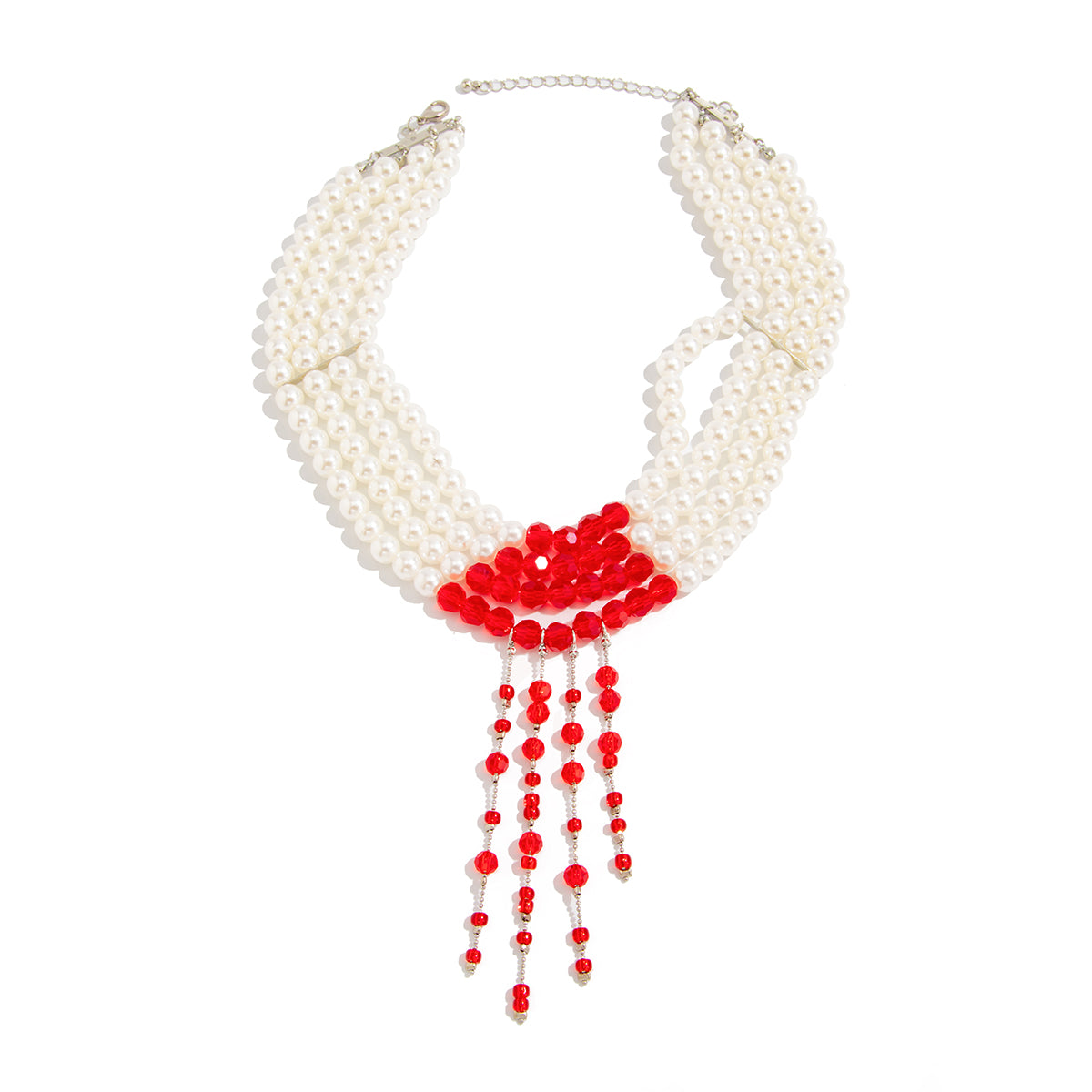 Red Acrylic and Pearl Silvertone Drop Tassel Layered Necklace, elegant gift for her, front view