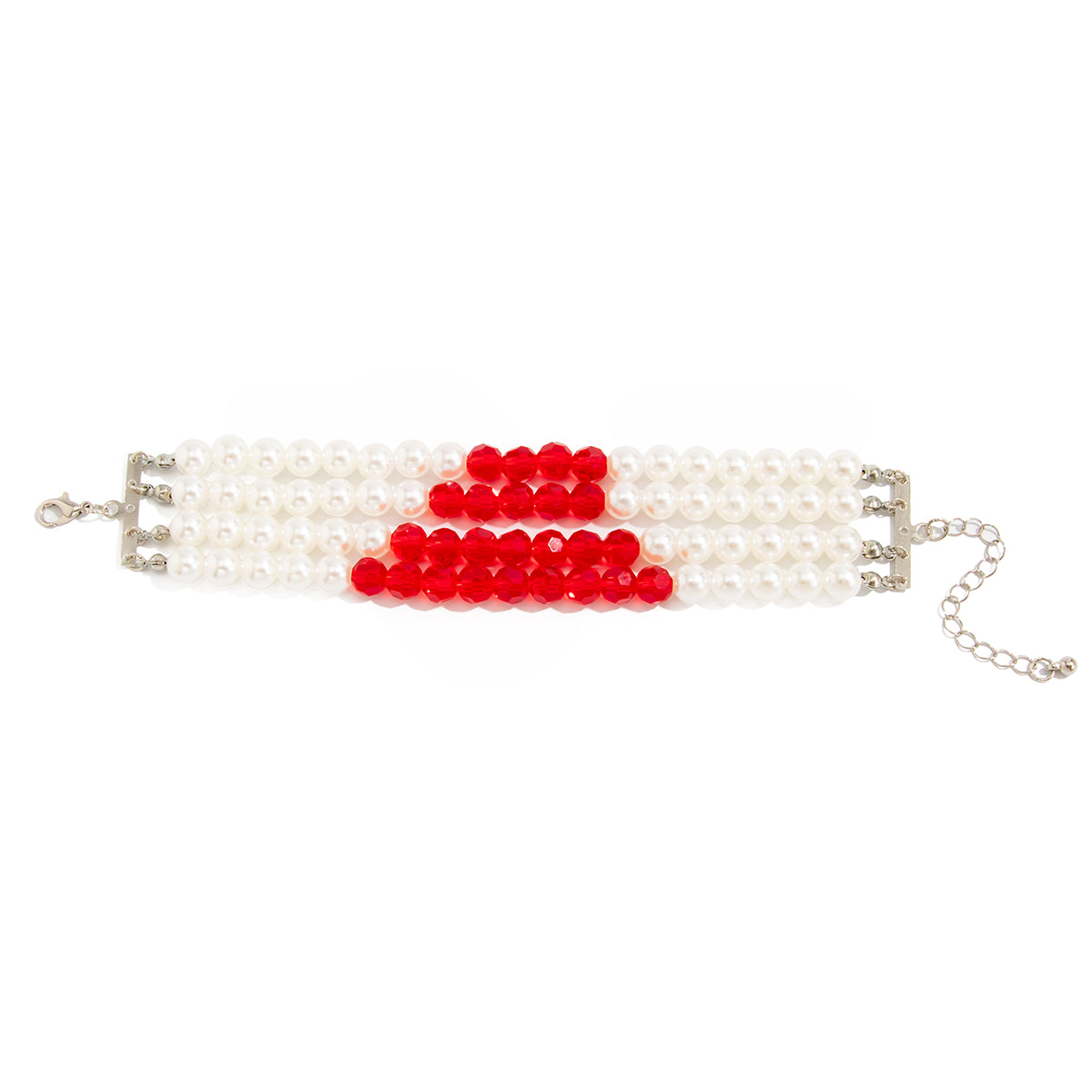 Red Acrylic and Pearl Silvertone Layered Bracelet, silver bracelet for women, vintage-inspired design, front view