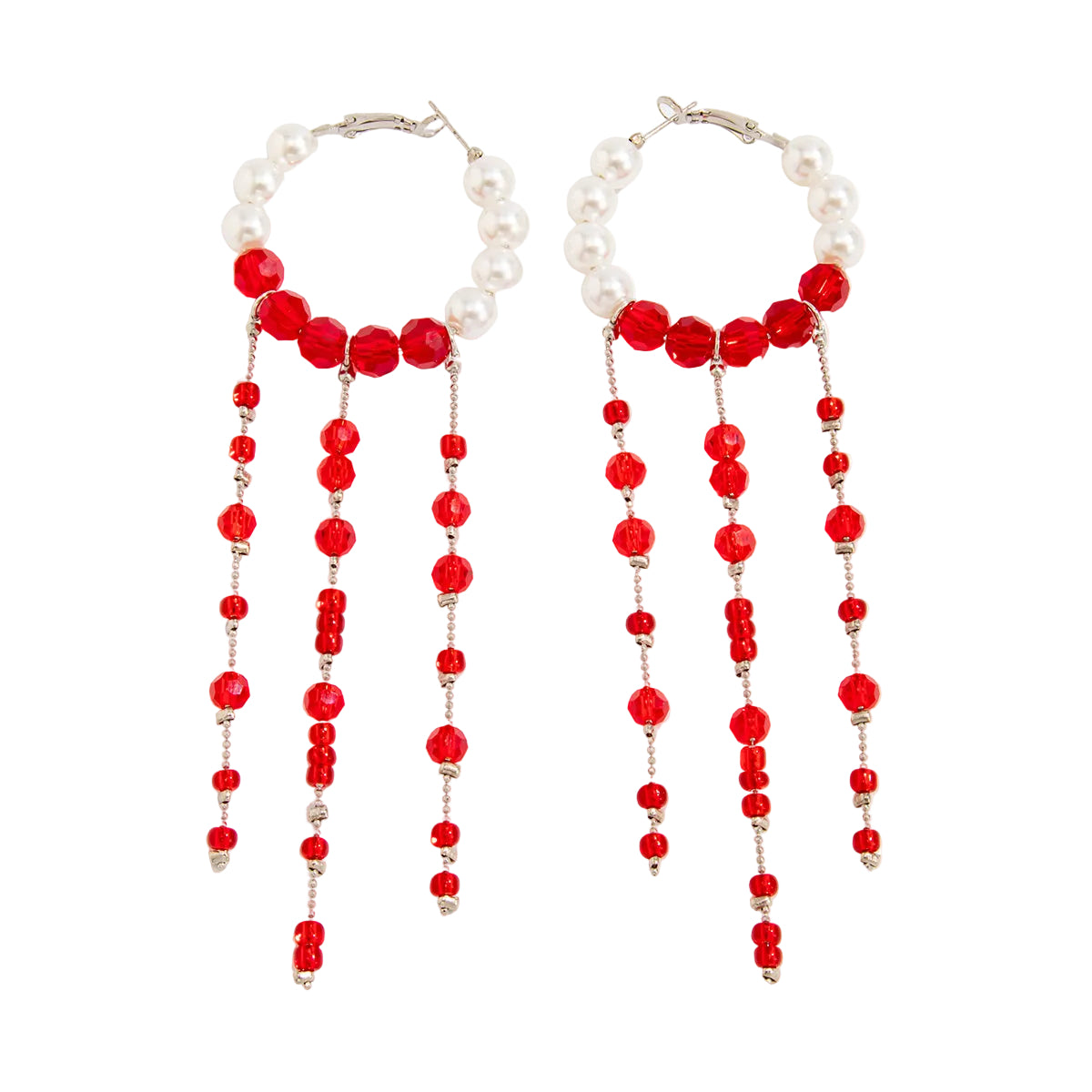 Red Acrylic & Pearl Silvertone Hoop Tassel Dangle Earrings