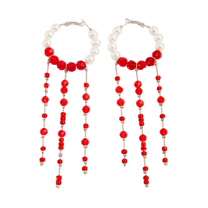 Red Acrylic & Pearl Silvertone Hoop Tassel Dangle Earrings
