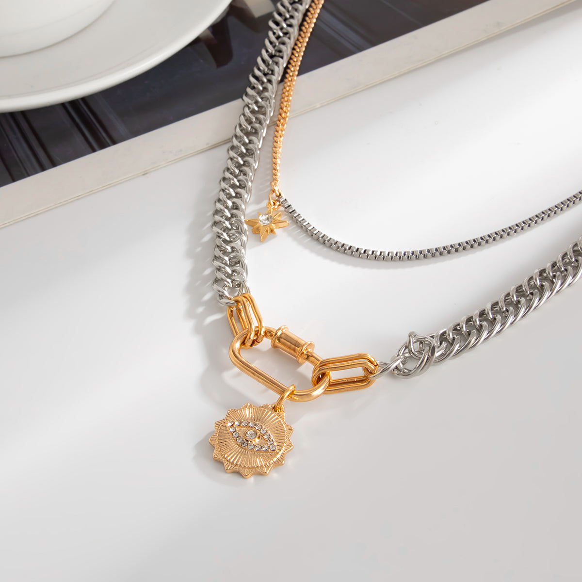 Cubic Zirconia and Two Tone Eye Pendant Layered Necklace, dainty minimalist design, side view