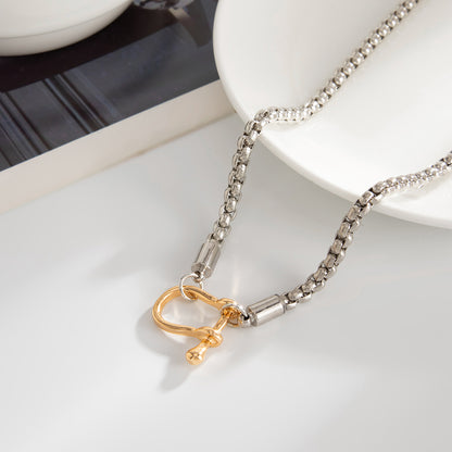 Two Tone U-Shape Pendant Necklace, everyday style, side view