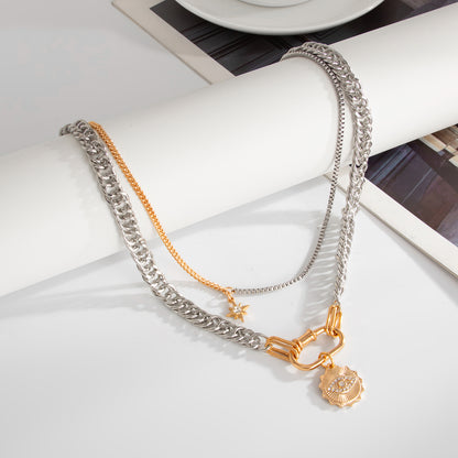Cubic Zirconia and Two Tone Eye Pendant Layered Necklace, dainty minimalist design, detail close-up
