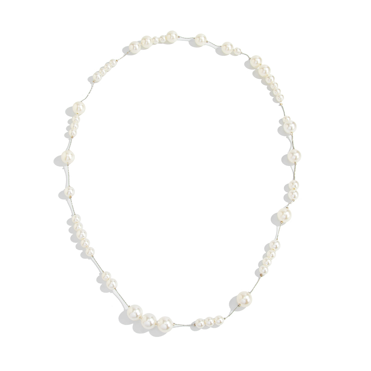 Pearl and Silvertone Beaded Chain Long Necklace, elegant gift for her, front view