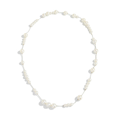 Pearl and Silvertone Beaded Chain Long Necklace, elegant gift for her, front view