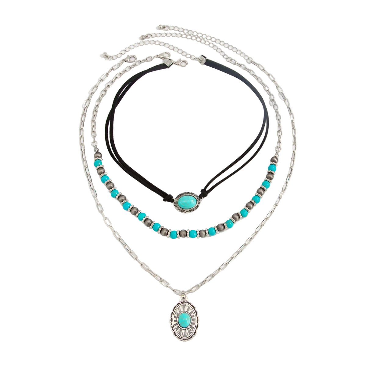 Black Polyster and Turqouise Silvertone Oval Pendant Necklace Set, silver pendant necklace for women, front view