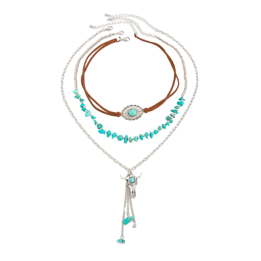 Brown Polyster and Turqouise Silvertone Ox Tassel Necklace Set, silver pendant necklace for women, front view