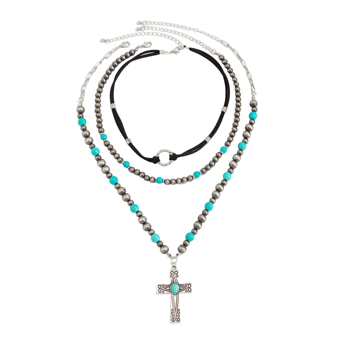 Gray Resin and Turqouise Polyster Silvertone Cross Pendant Necklace Set, silver pendant necklace for women, front view