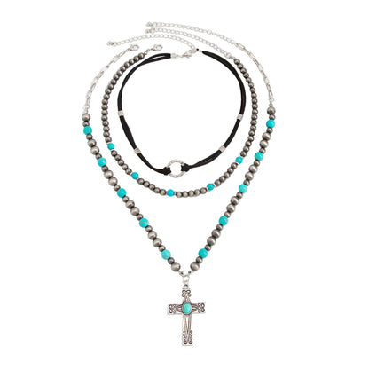 Gray Resin and Turqouise Polyster Silvertone Cross Pendant Necklace Set, silver pendant necklace for women, front view