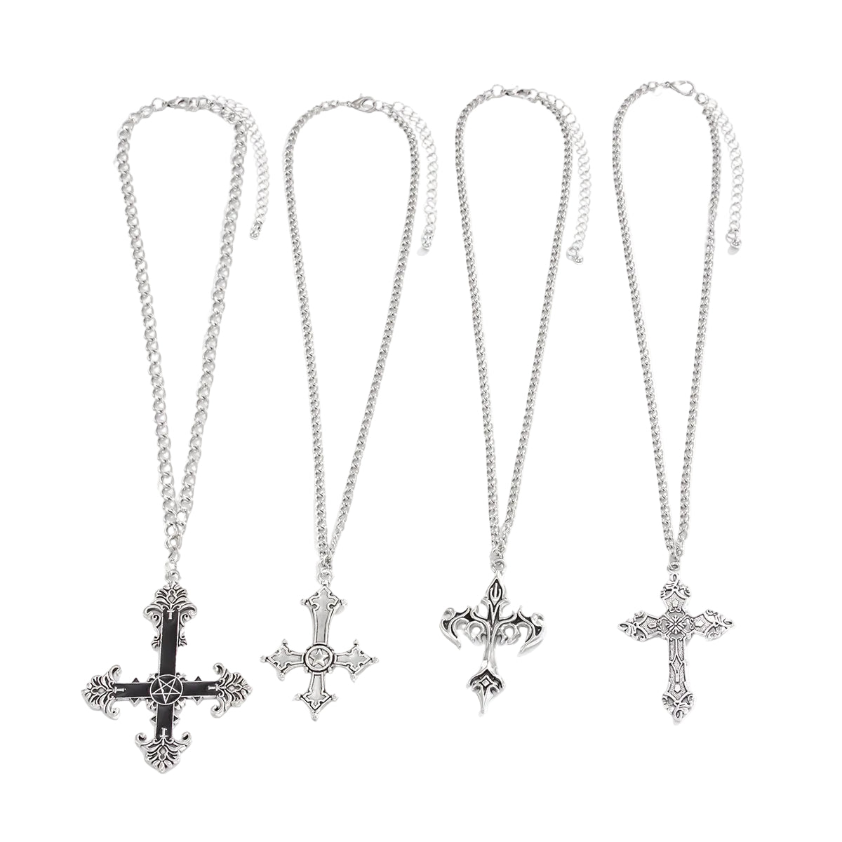 Black Enamel and Silvertone Cross Pendant Necklace Set, silver pendant necklace for women, elegant gift for her, front view