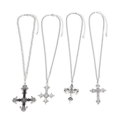 Black Enamel and Silvertone Cross Pendant Necklace Set, silver pendant necklace for women, elegant gift for her, front view