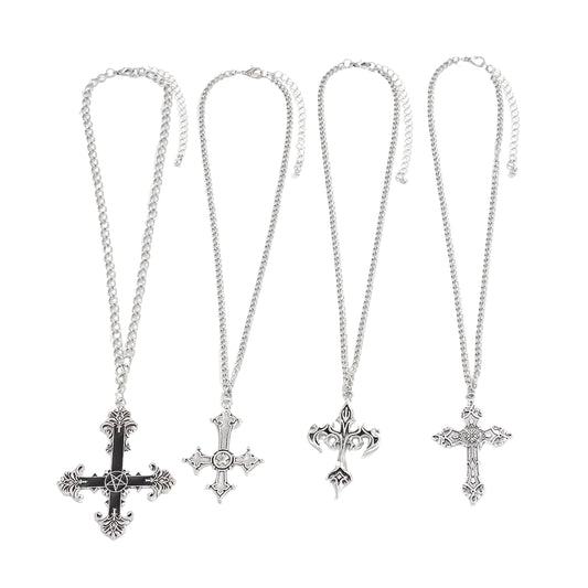 Black Enamel and Silvertone Cross Pendant Necklace Set, silver pendant necklace for women, elegant gift for her, front view