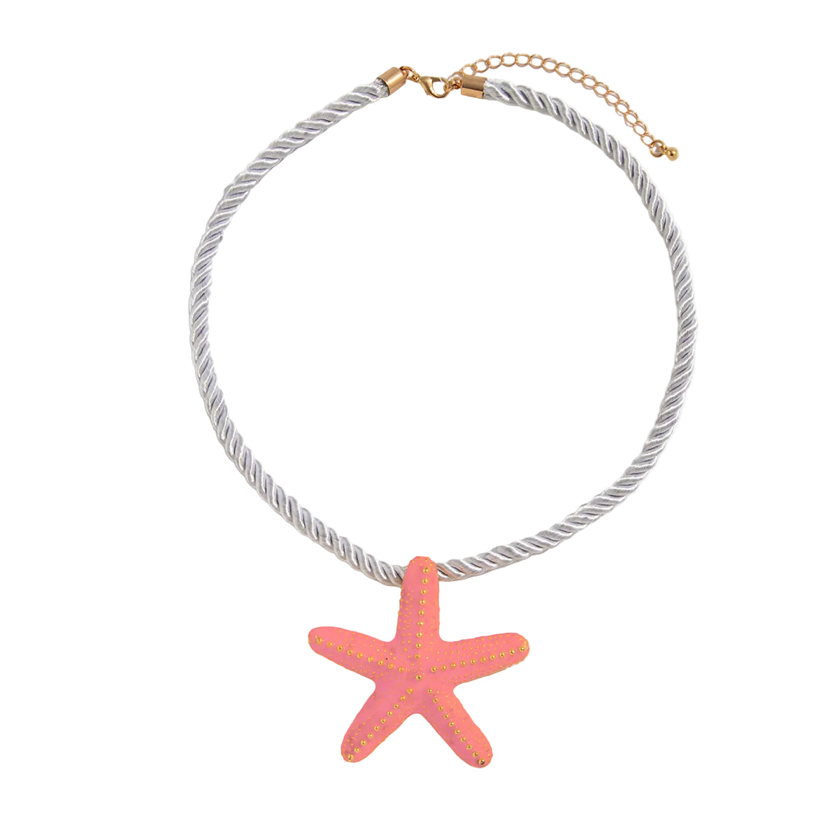 Thick Polyster Cord and Pink Enamel Goldtone Starfish Statement Necklace, elegant gift for her, front view