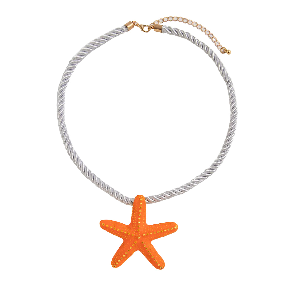 Thick Polyster Cord and Orange Enamel Goldtone Starfish Statement Necklace, dainty minimalist design, front view