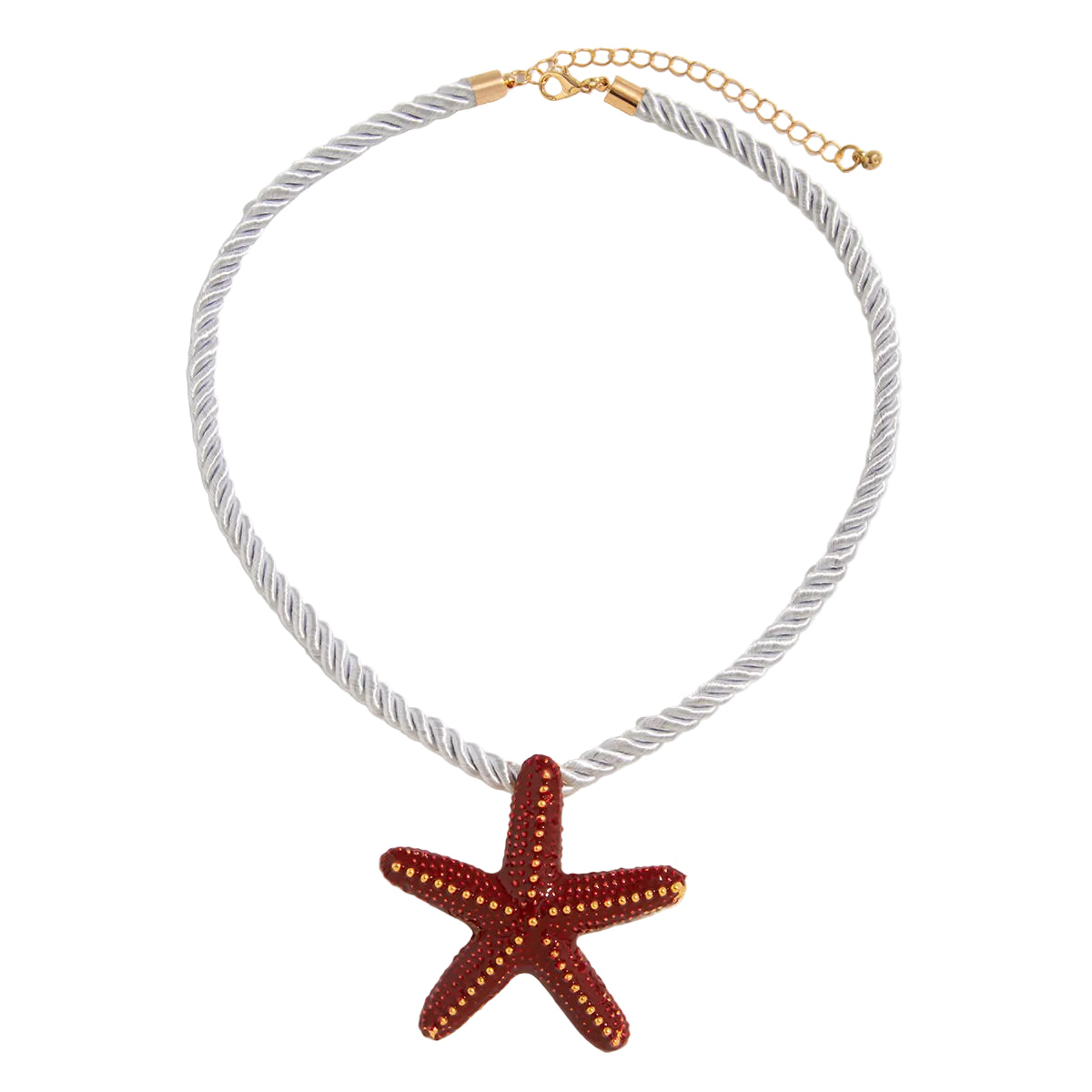 Thick Polyster Cord and Red Enamel Goldtone Starfish Statement Necklace, botanical inspired, front view