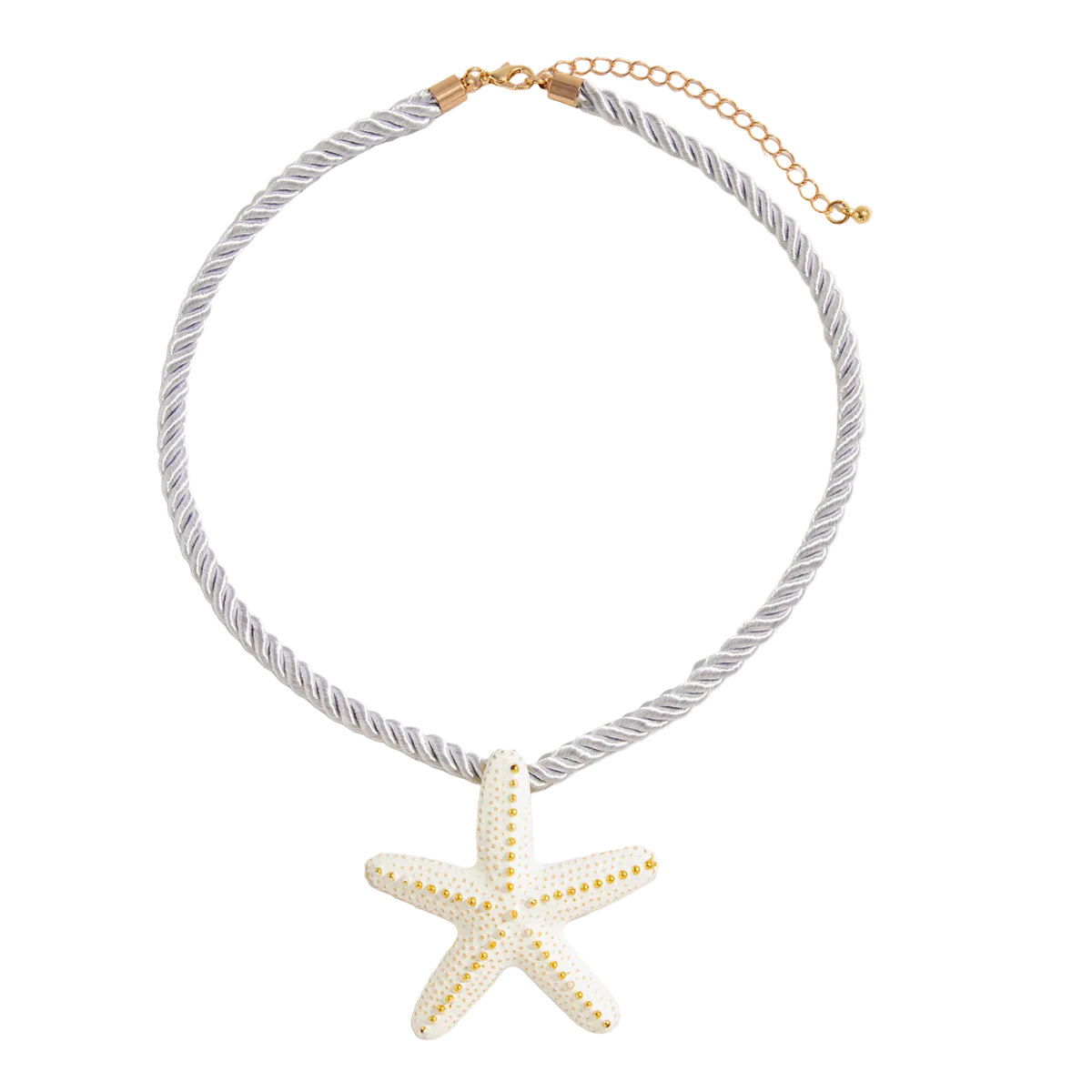 Thick Polyster Cord and White Enamel Goldtone Starfish Statement Necklace, vintage-inspired design, front view