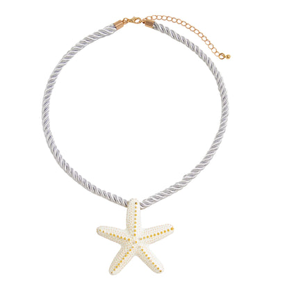 Thick Polyster Cord and White Enamel Goldtone Starfish Statement Necklace, vintage-inspired design, front view