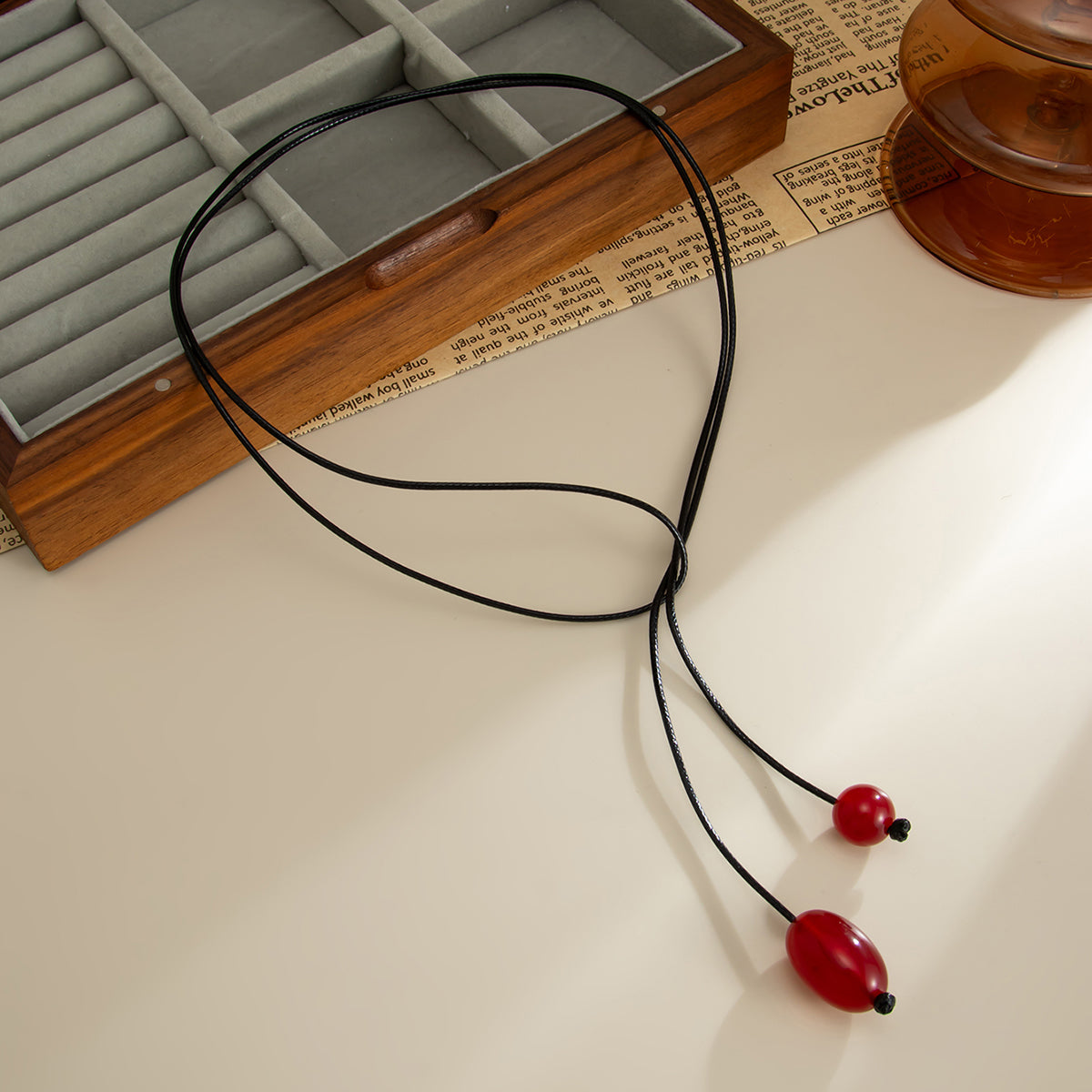 Red Resin and Polyster Dual-Drop Long Necklace, everyday style, side view