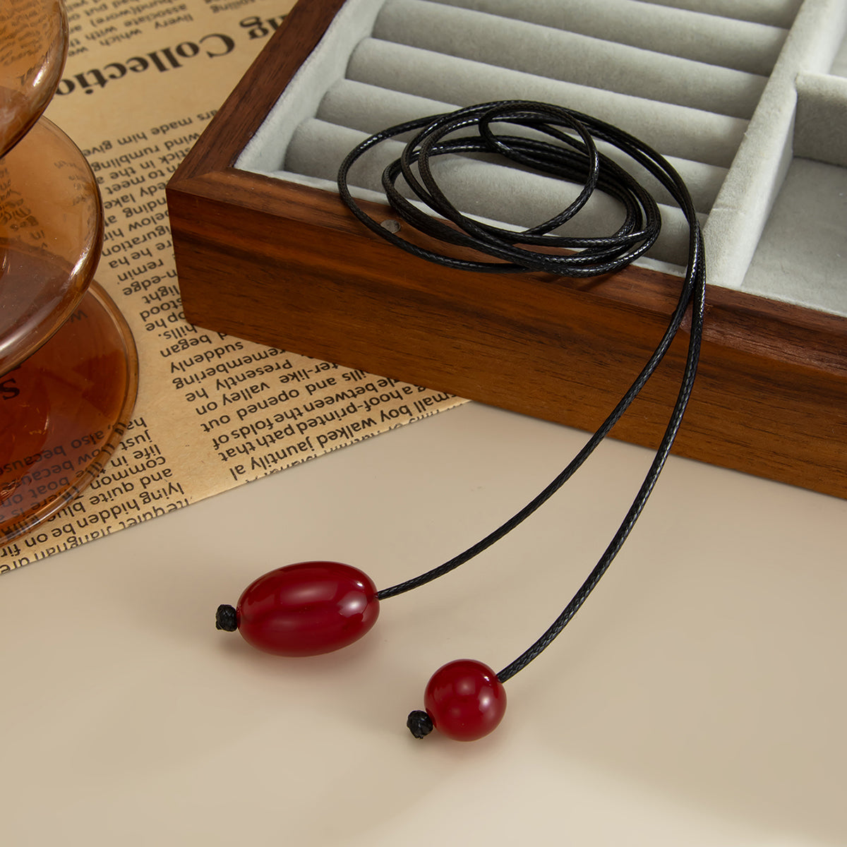 Red Resin and Polyster Dual-Drop Long Necklace, everyday style, detail close-up