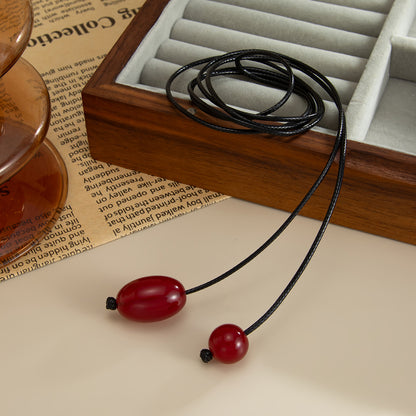 Red Resin and Polyster Dual-Drop Long Necklace, everyday style, detail close-up