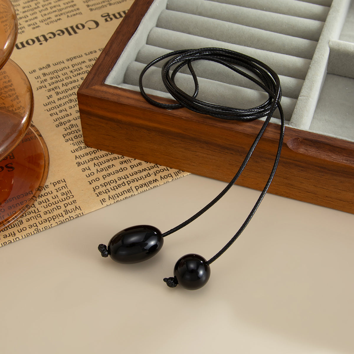 Black Resin and Polyster Dual-Drop Long Necklace, everyday style, detail close-up