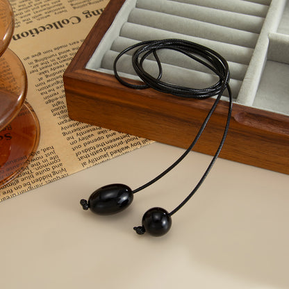 Black Resin and Polyster Dual-Drop Long Necklace, everyday style, detail close-up