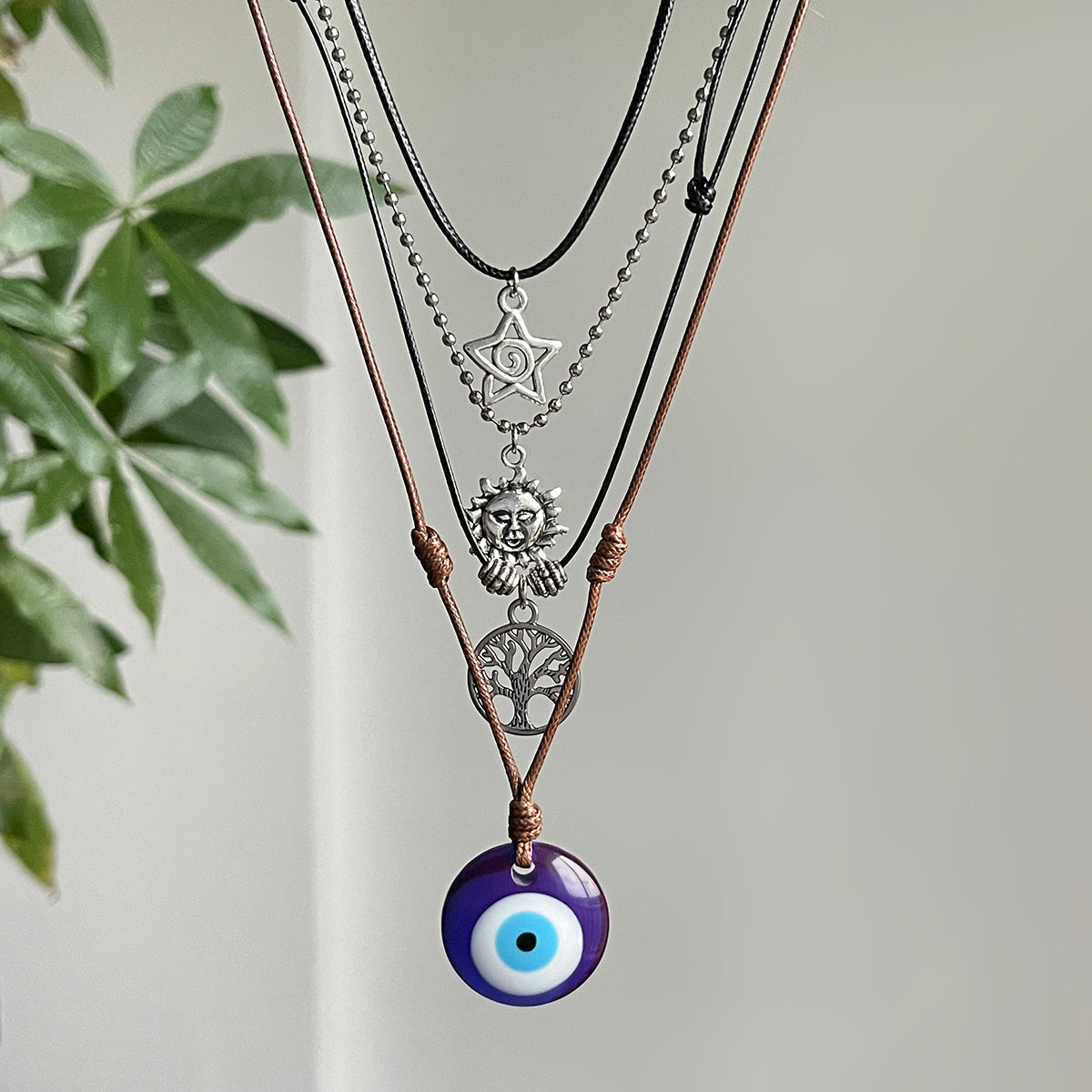 Black Resin and Polyster Silvertone Celestial Life Tree Eye Pendant Necklace Set, silver pendant necklace for..., side view
