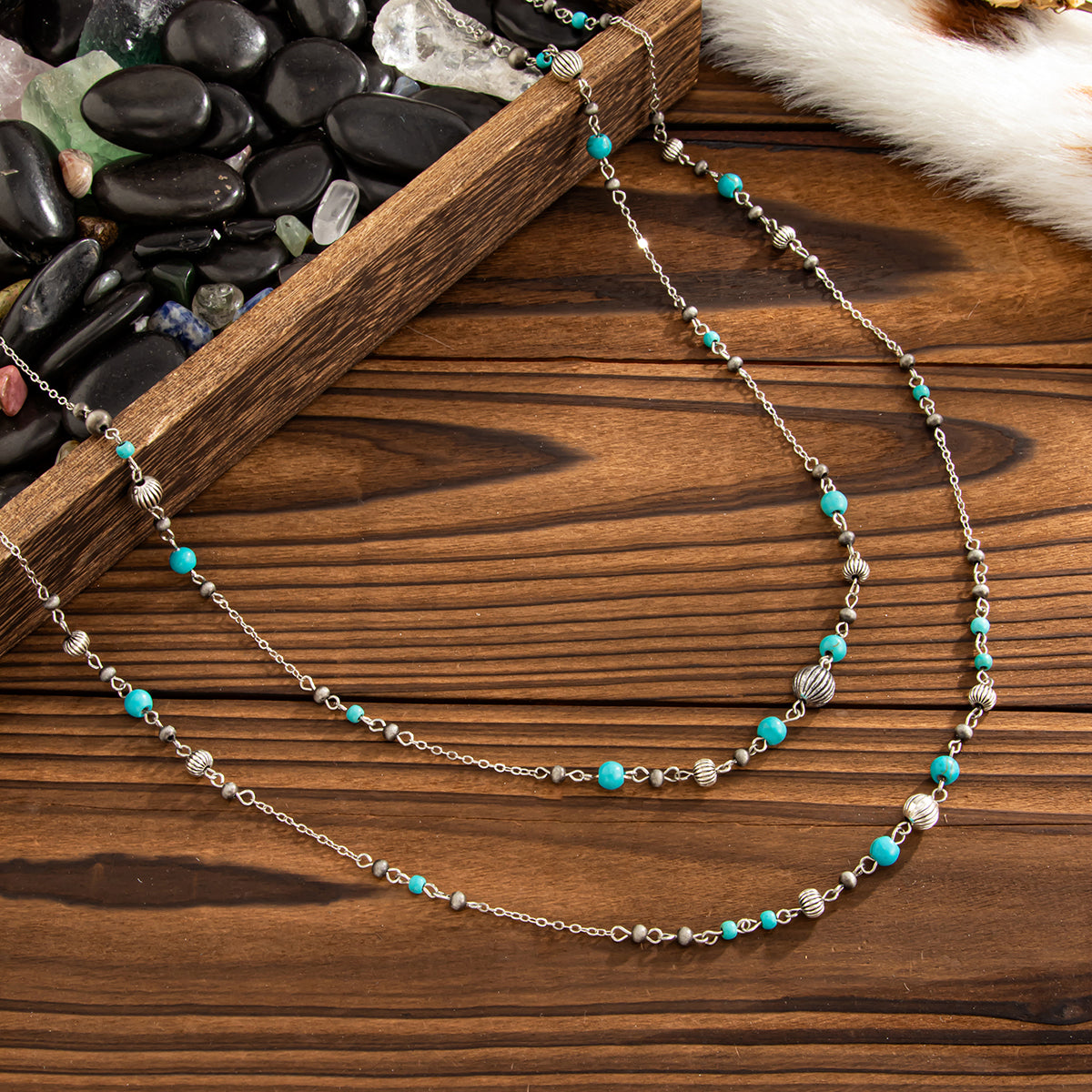 Turqouise and Silvertone Pumpkin Beads Chain Long Necklace Set, silver pendant necklace for women, side view