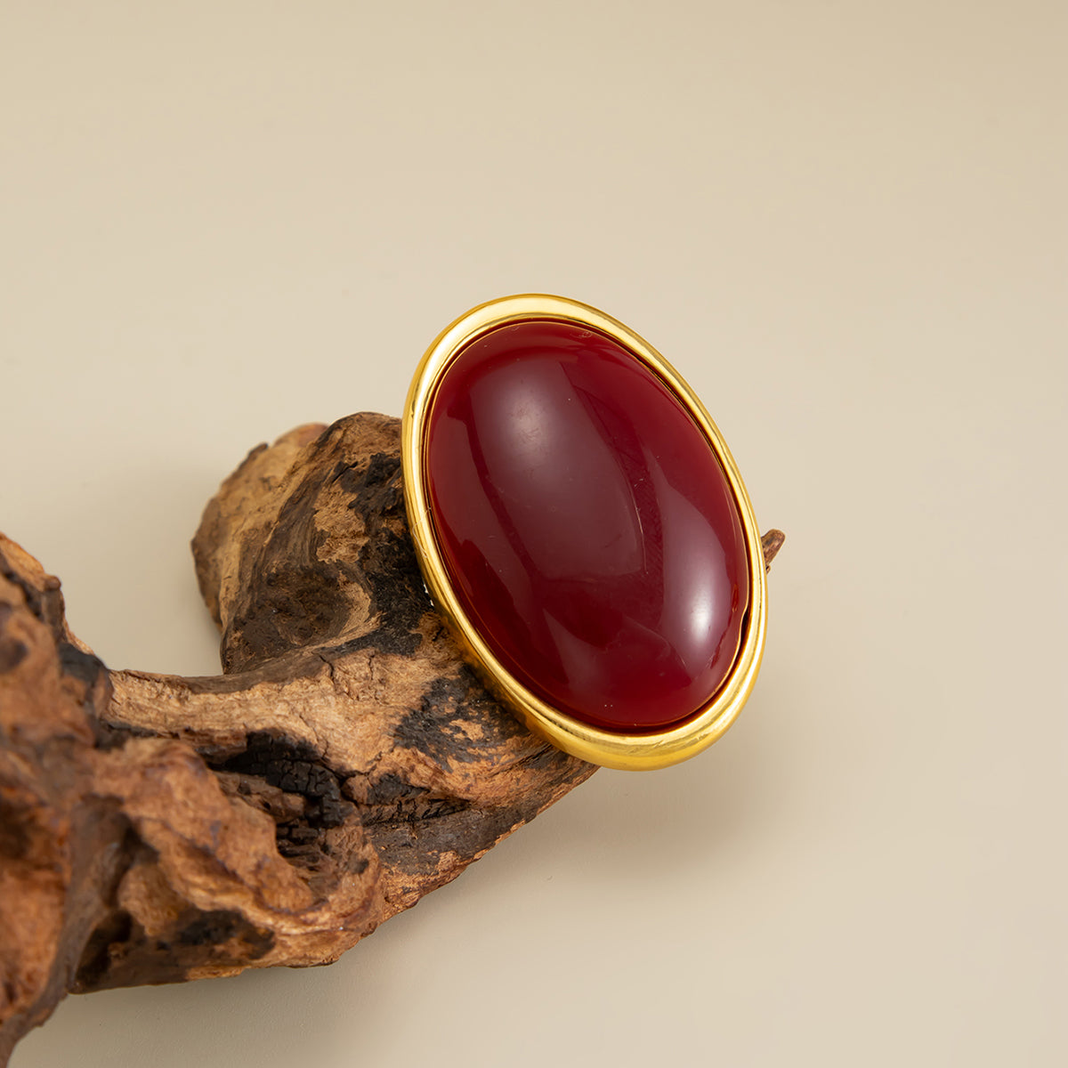 Red Resin and Goldtone Oval Statement Open Ring, vintage-inspired design, side view