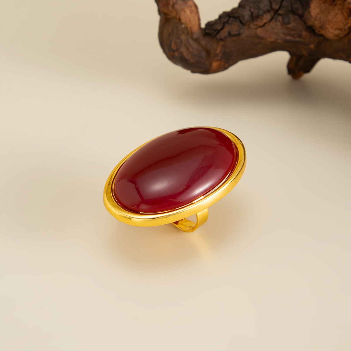 Red Resin and Goldtone Oval Statement Open Ring, vintage-inspired design, detail close-up