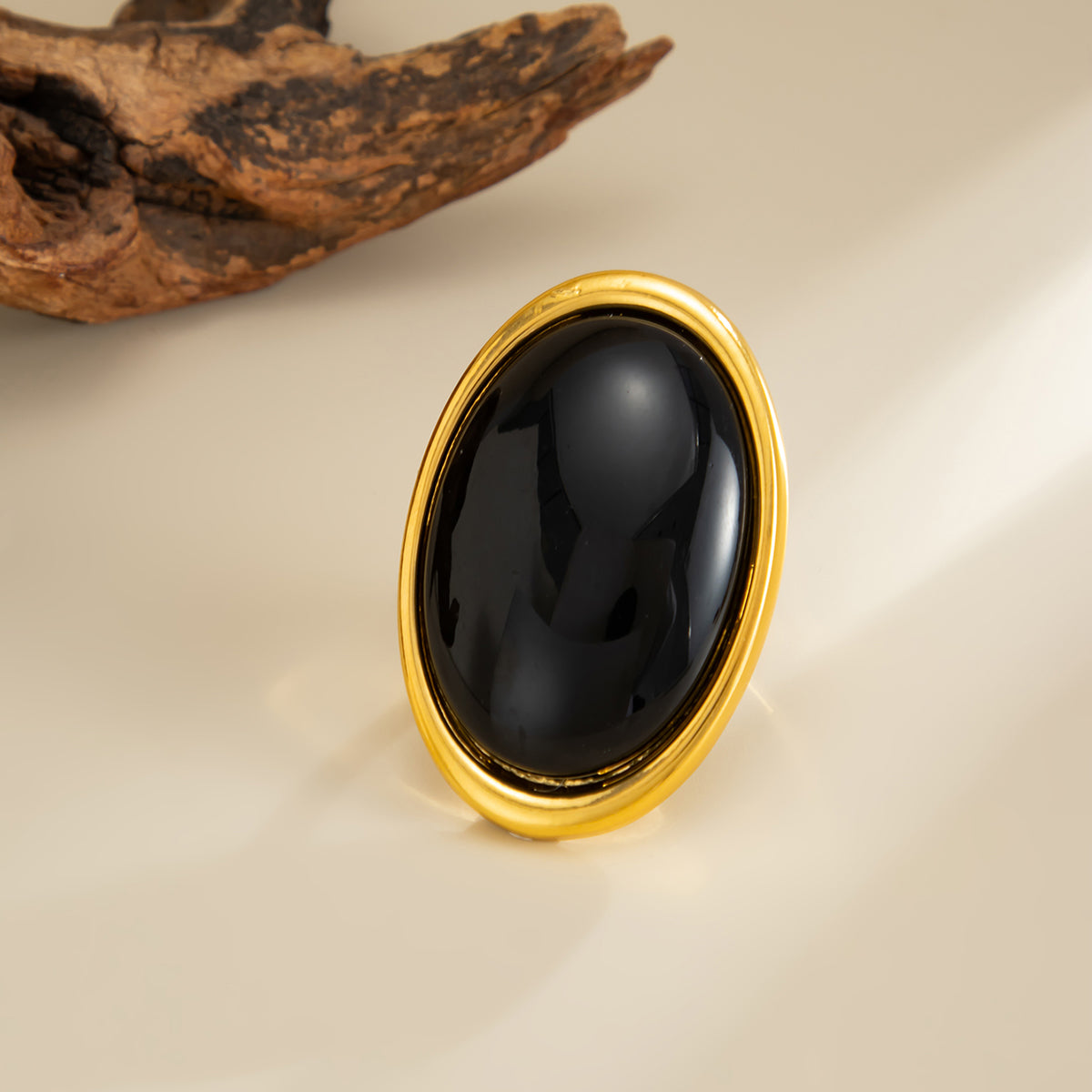 Black Resin and Goldtone Oval Statement Open Ring, everyday style, detail close-up