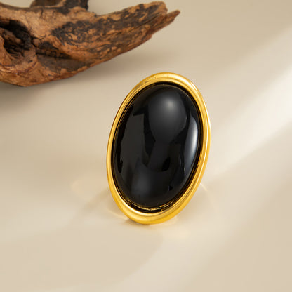 Black Resin and Goldtone Oval Statement Open Ring, everyday style, detail close-up