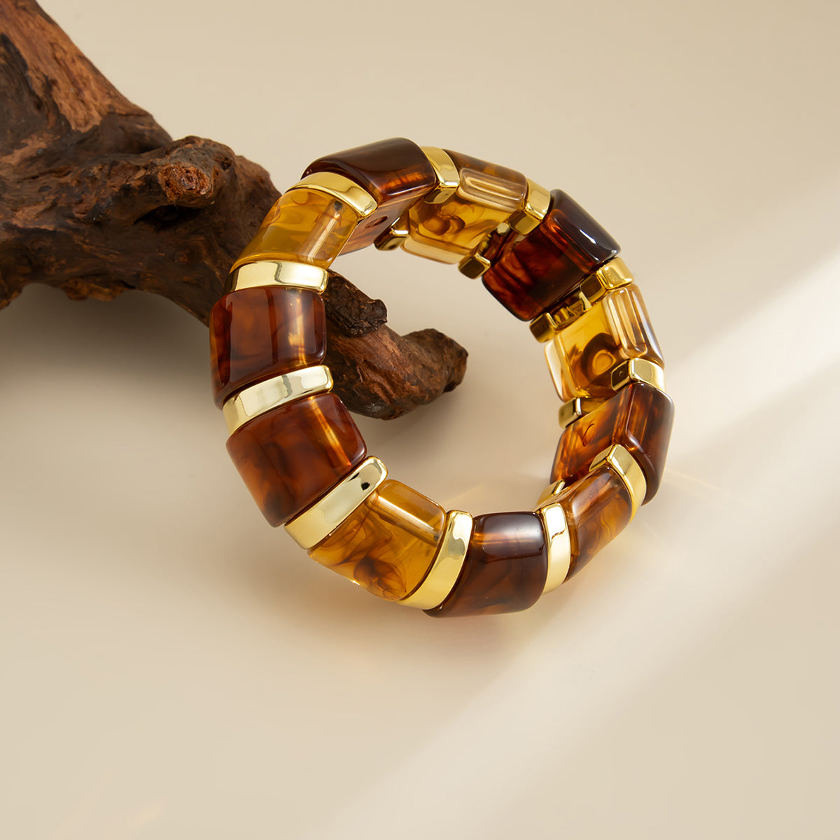 Multi-Colored Resin and Goldtone Oval Station Stretch Bracelet, vintage-inspired design, side view