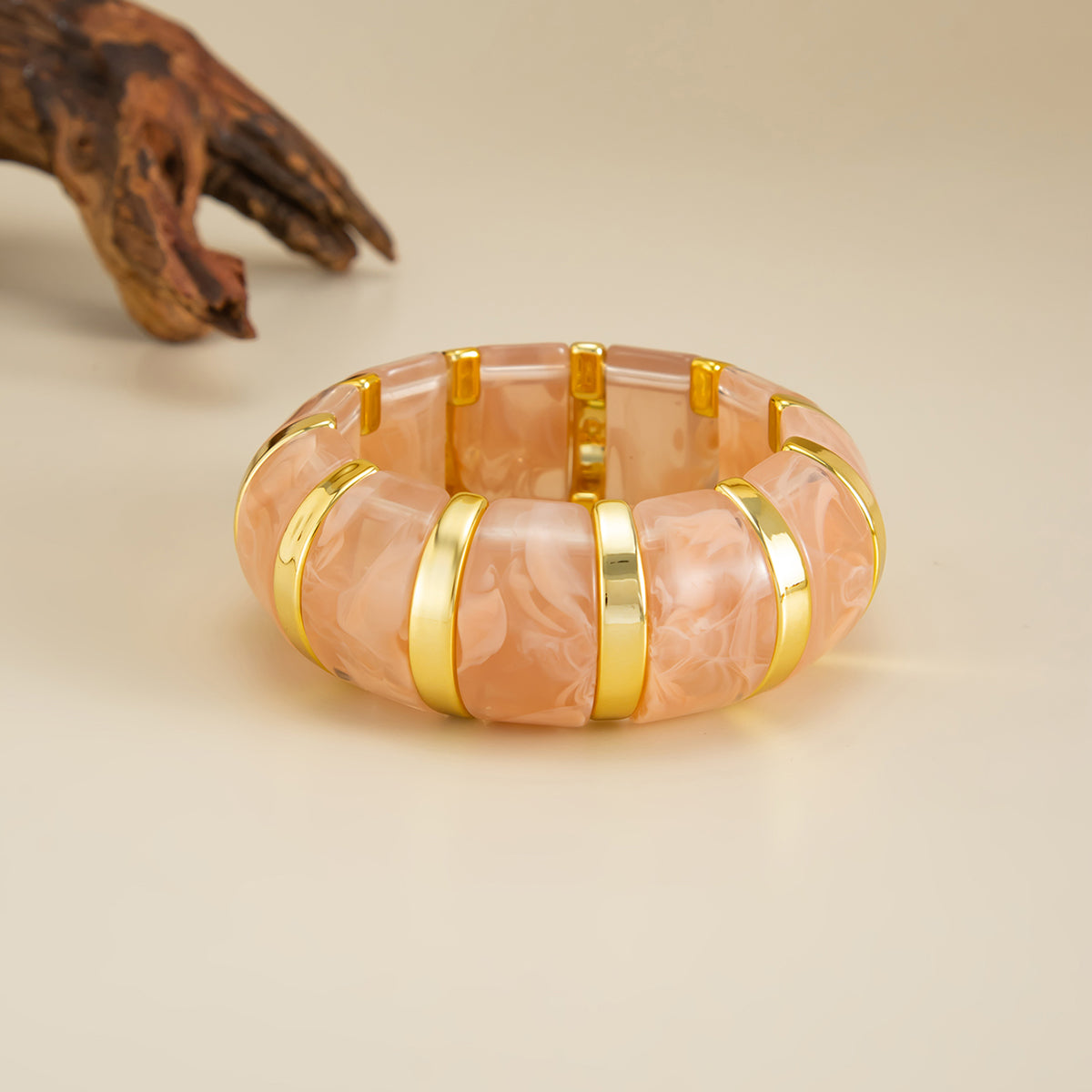 Pink Resin and Goldtone Oval Station Stretch Bracelet, dainty minimalist design, detail close-up