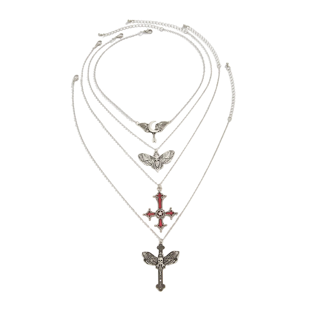 Silvertone Flying Moon Moth Cross Pendant Necklace Set, silver pendant necklace for women, everyday style, front view