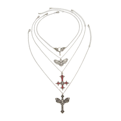 Silvertone Flying Moon Moth Cross Pendant Necklace Set, silver pendant necklace for women, everyday style, front view