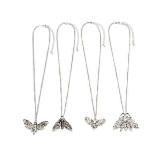 Silvertone Moth Pendant Necklace Set, silver pendant necklace for women, elegant gift for her, front view