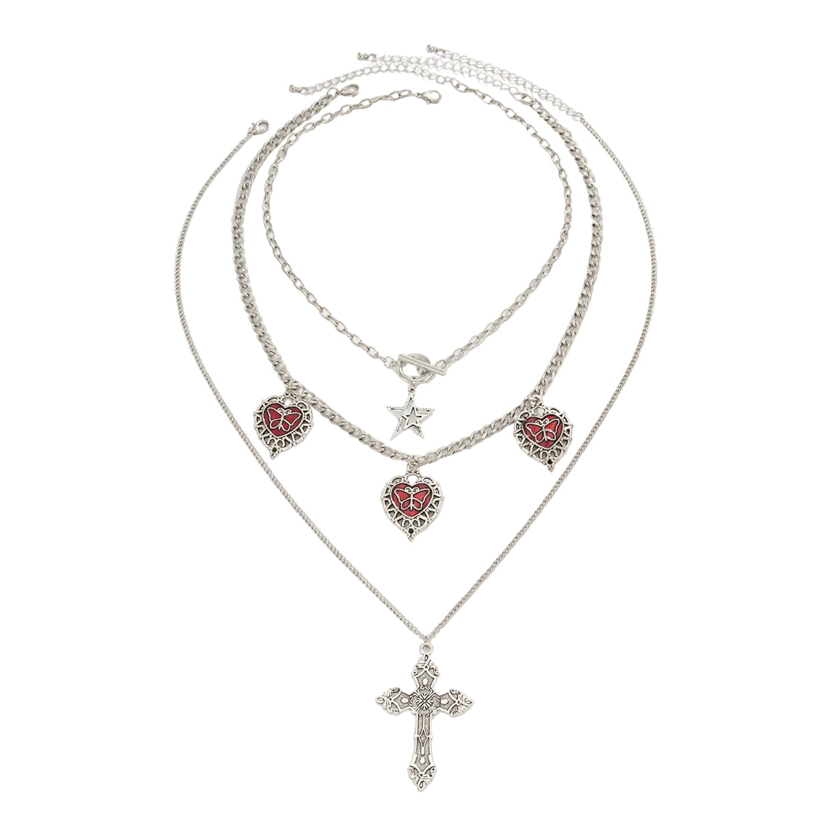 Red Enamel and Silvertone Butterfly Heart Tassel Cross Pendant Necklace Set, silver pendant necklace for women, front view