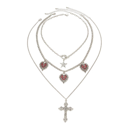 Red Enamel and Silvertone Butterfly Heart Tassel Cross Pendant Necklace Set, silver pendant necklace for women, front view
