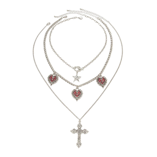 Red Enamel and Silvertone Butterfly Heart Tassel Cross Pendant Necklace Set, silver pendant necklace for women, front view