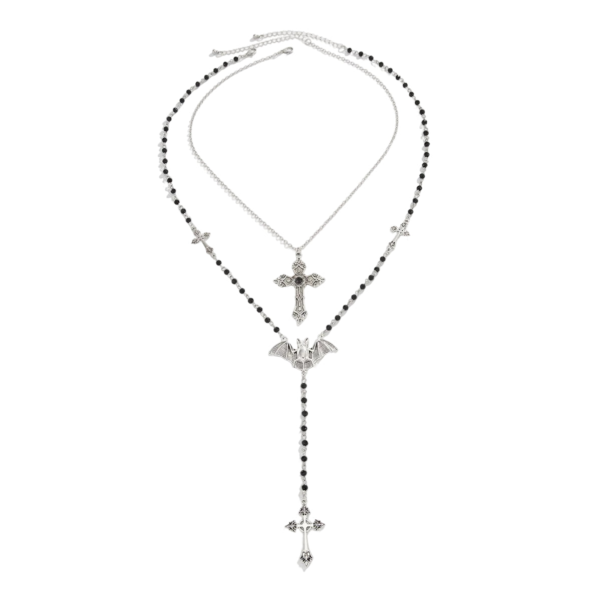 Black Acrylic and Silvertone Bat Cross Drop Necklace Set, silver pendant necklace for women, front view