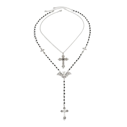 Black Acrylic and Silvertone Bat Cross Drop Necklace Set, silver pendant necklace for women, front view